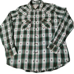 Ryan Michael Mens XL Green Plaid Southwest Embroidered Western Snap Shirt Cotton